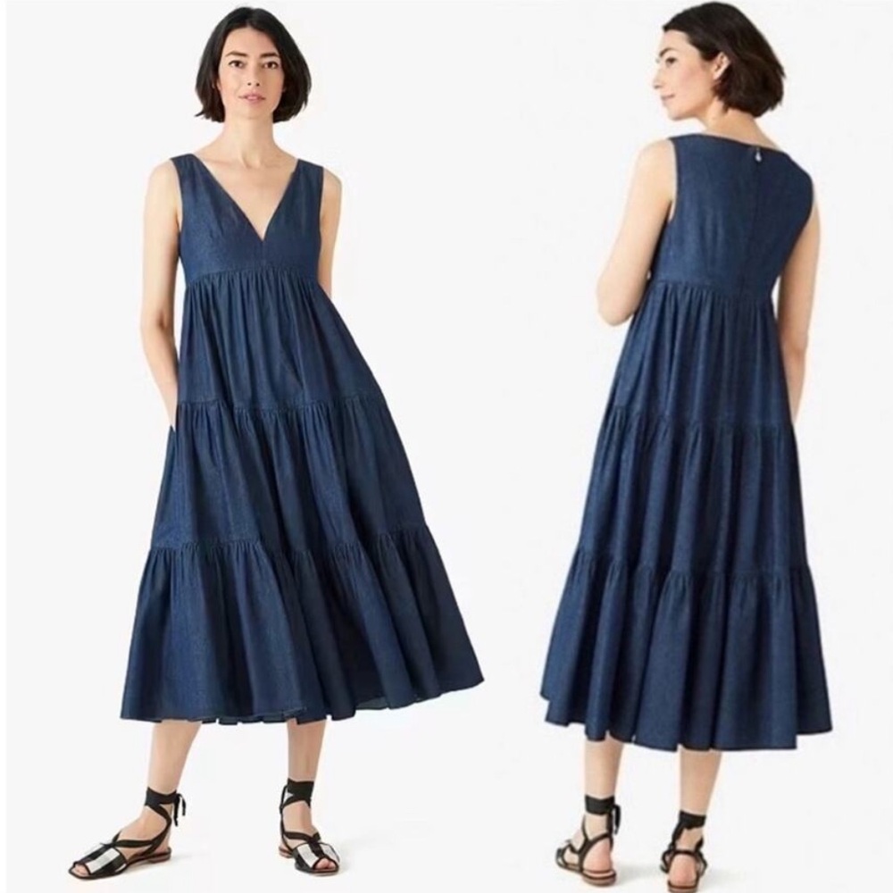 Kate Spade Chambray Vineyard Midi Dress Denim Jean Tiered‎ V-Neck Boho Classic